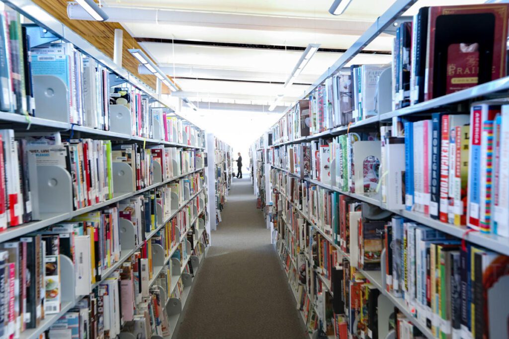 Library shelves full of books and a person browsing books in the distance